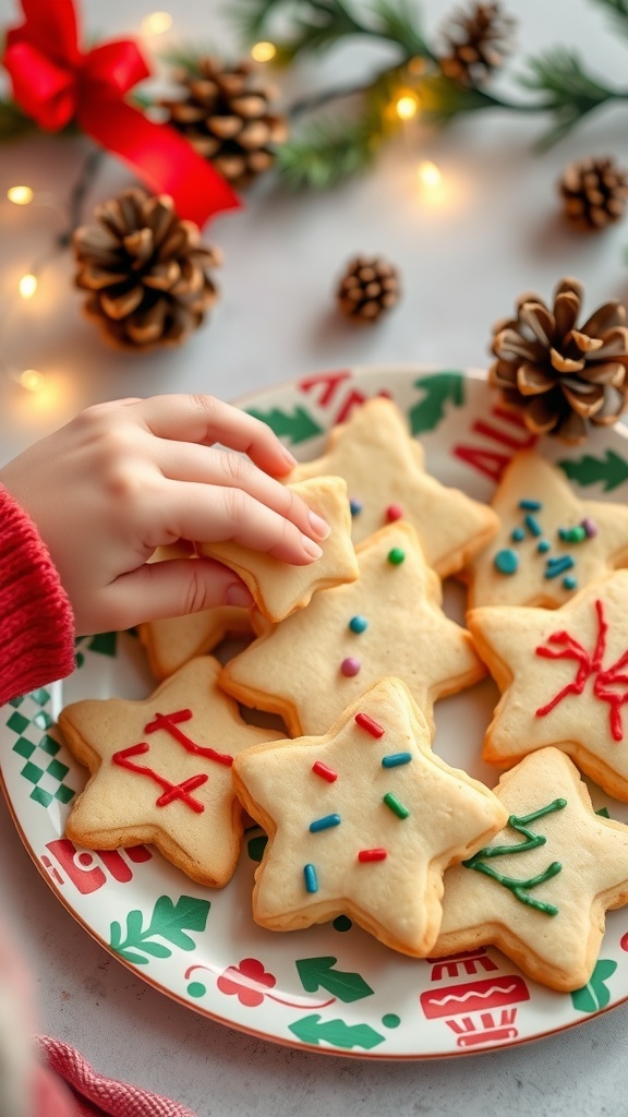 A plate of decorated Christmas cookies with icing and sprinkles, surrounded by festive decorations.
